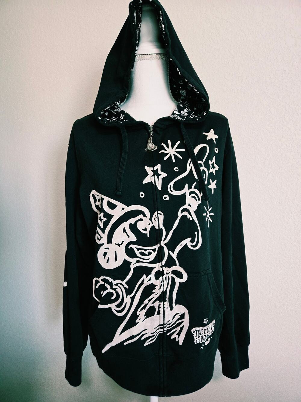 Disney Parks Believe In Magic Mickey Full Zip Up Hoodie Black Medium Felt